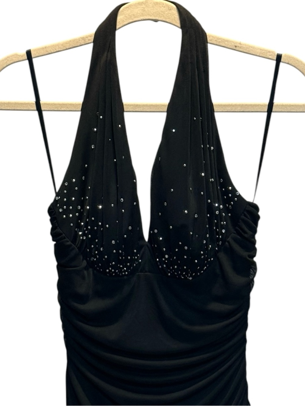 VTG Niki Livas 90s Black Sequin Halter Ruffle Maxi Gown
